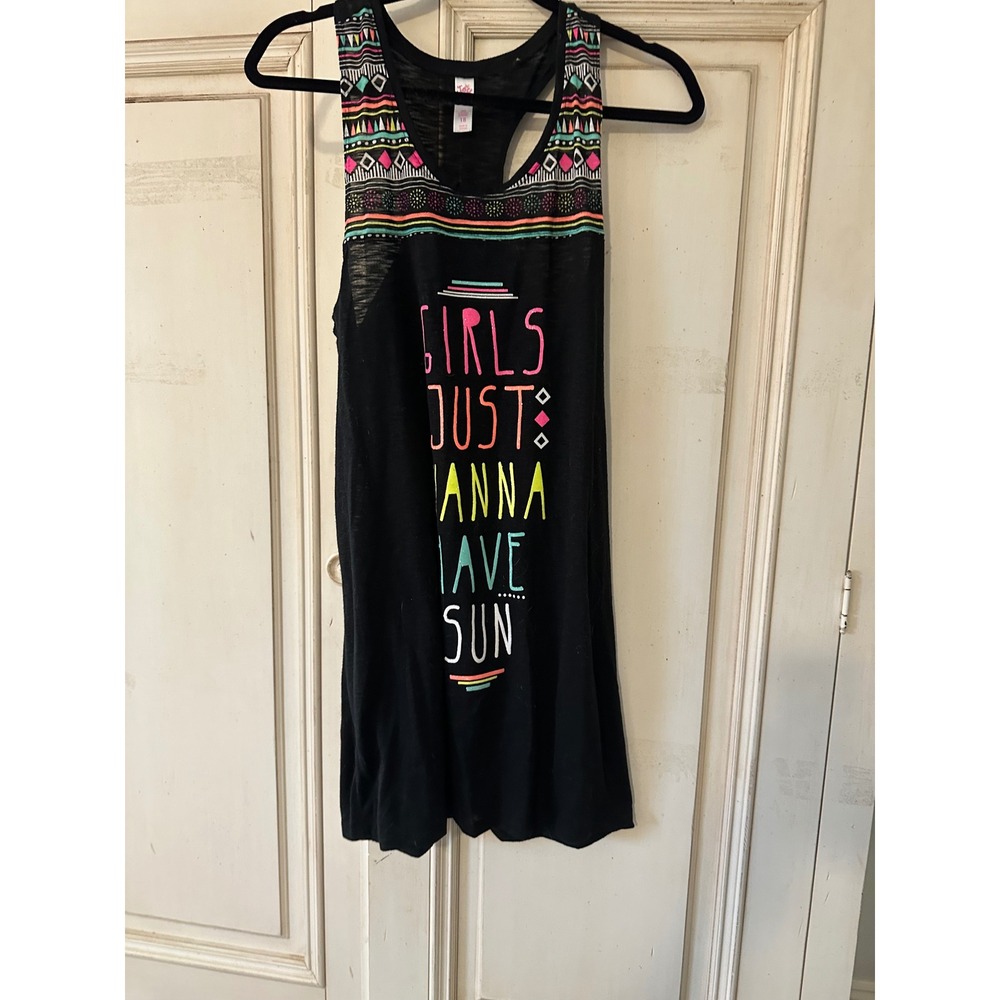 Justice Girls Black Wanna Have Sun Swim Cover Up Tank Top Size 18 - Picture 2 of 4